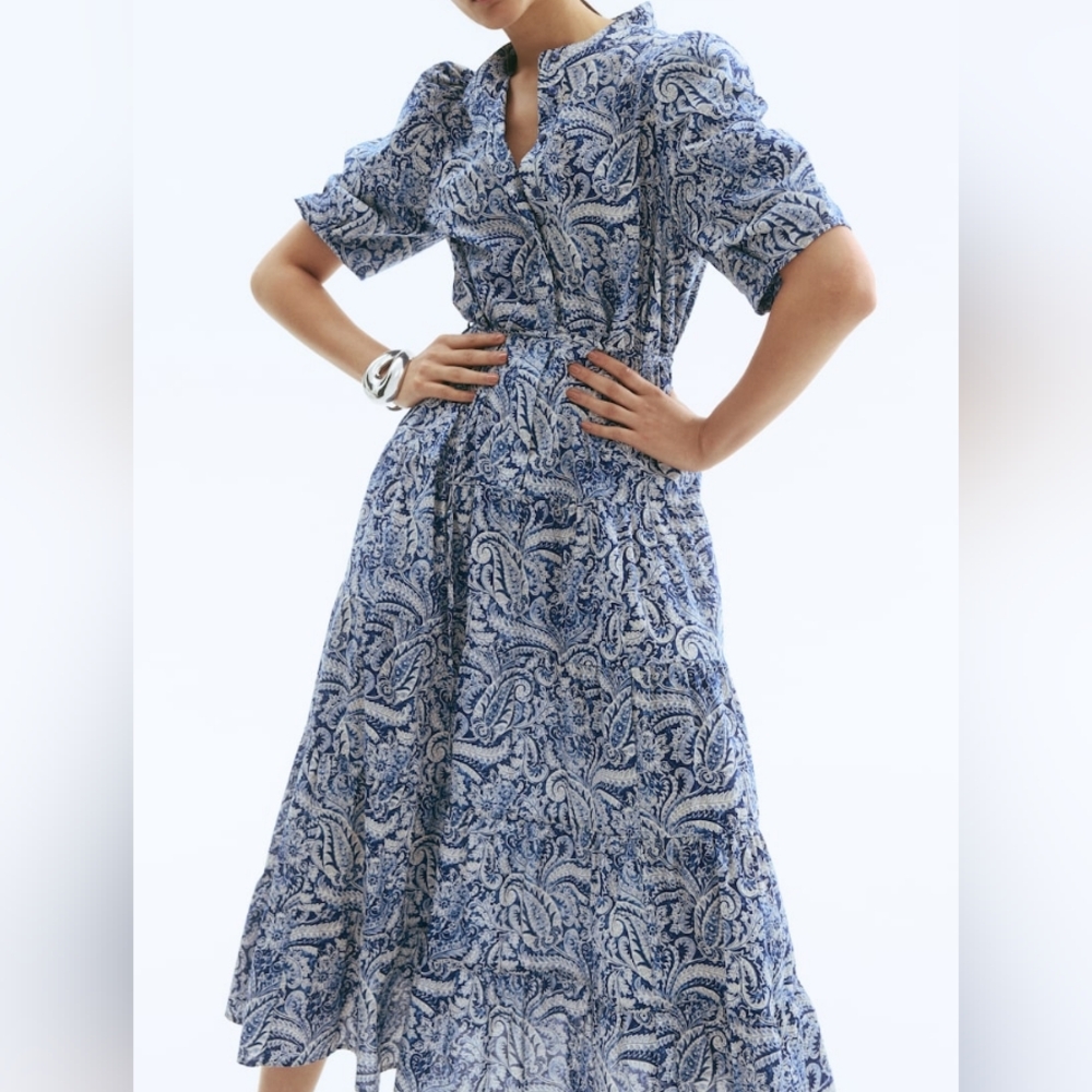 H&M Long Cotton Dress Tiered Puff Sleeves Floral Blue/ Paisley BNWT